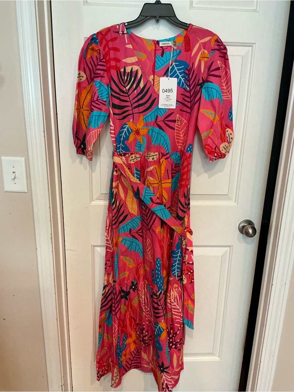 Tropical Pink Maxi Dress with Waist Tie